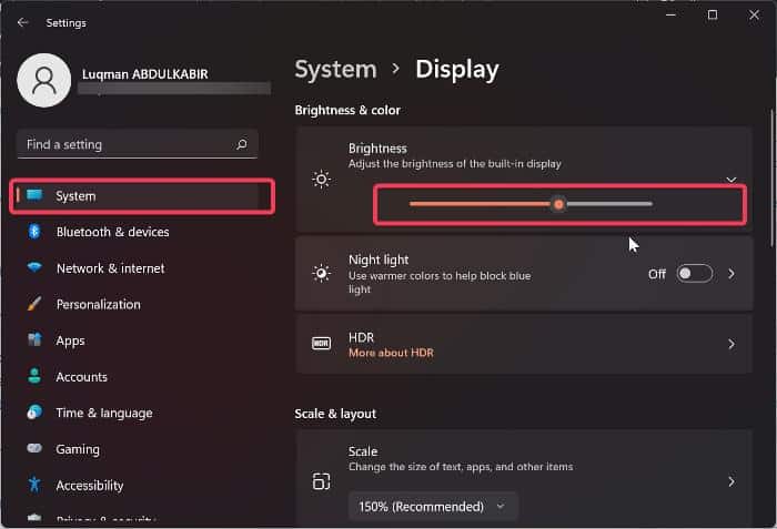 Access brightness control through settings