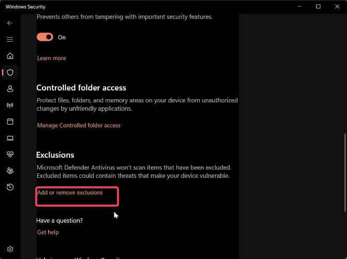 Add or remove exclusion