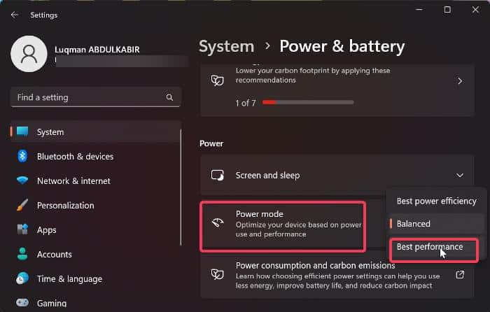 Change power mode via Windows 11 settings
