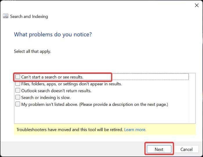 Run Search and Indexing Troubleshooter